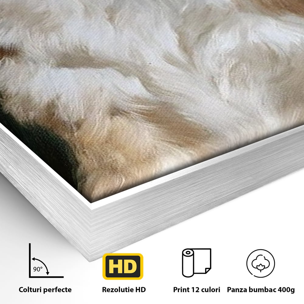 Detaliu al suprafetei: tablou canvas cu catel prietenos in gradina, in rama de aluminiu argintiu